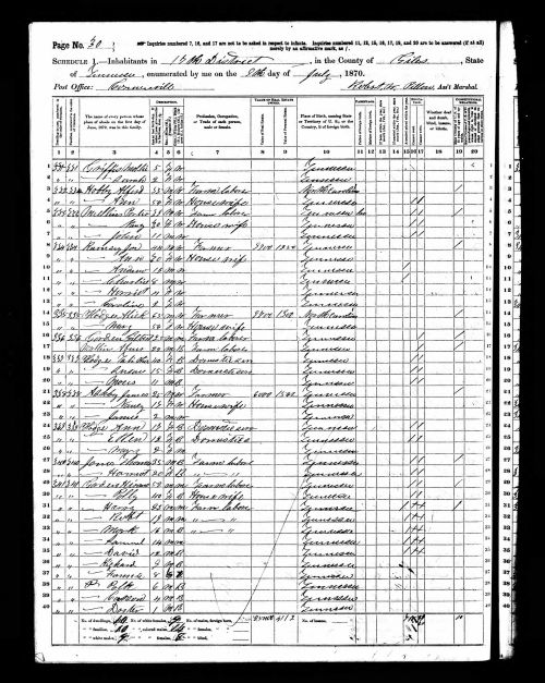 1870 Census for Gilbert Gordon at age 25 in Giles County (Connersville), TN
