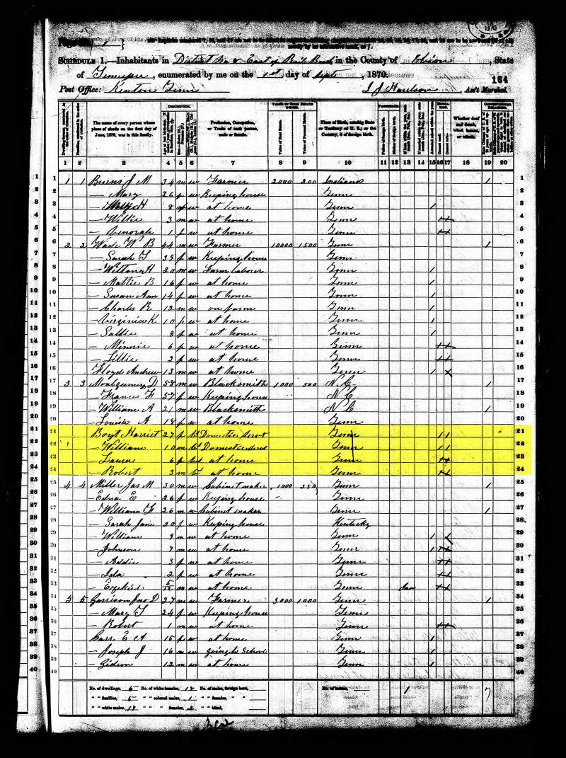 1870 Census from Obion county TN.  Harriet has the last name of Boyd, is in the household of D. Montgomery along with daughter Laura and sons William and Robert.