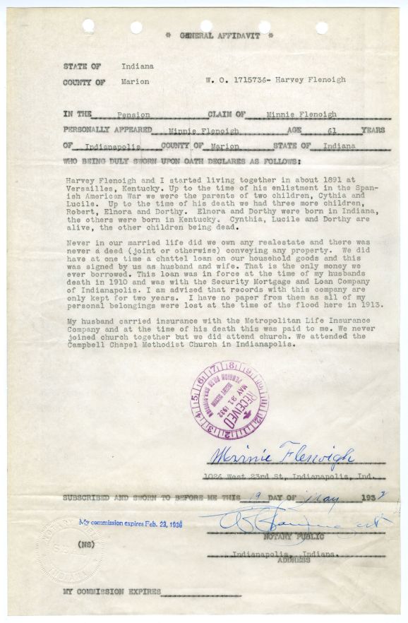 In 1932 Minnie Flenoigh provided an affidavit to the War Office in connection with a pension