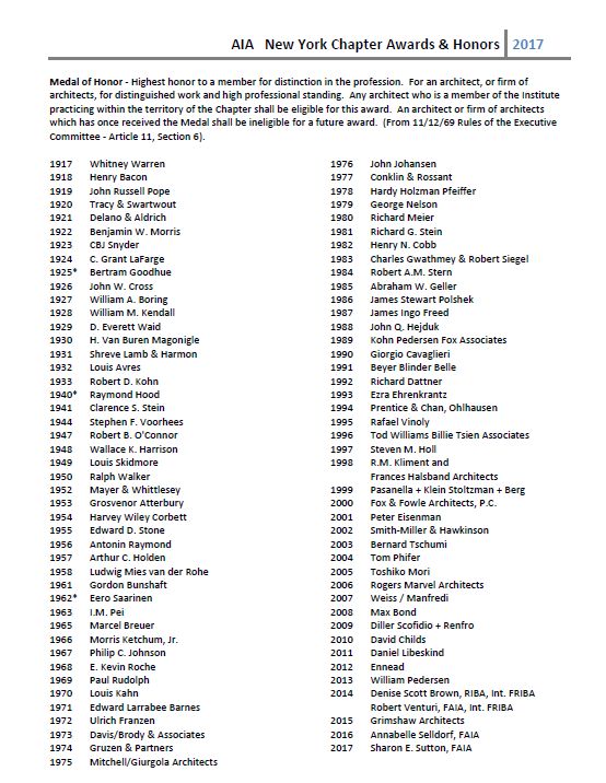 In 2021 Justin received the Champion of Architecture Medal from the New York chapter of the AIA, here is list of previous award winners. 
