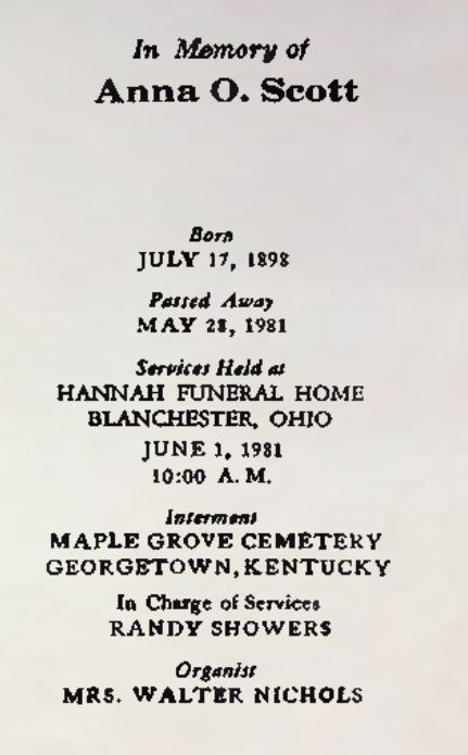 Anna O. Scott Blanchester, Ohio June 1, 1981