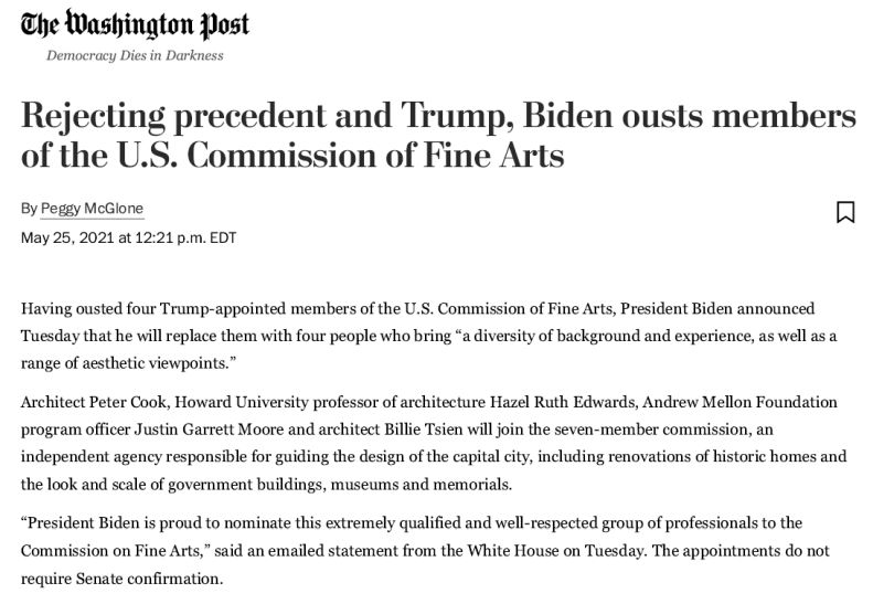Justin is appointed to the U. S. Commission of Fine Arts by President Biden.
Having ousted four Trump-appointed members of the U.S. Commission of Fine Arts, President Biden announced Tuesday that he will replace them with four people who bring a diversity of background and experience, as well as a range of aesthetic viewpoints.”

