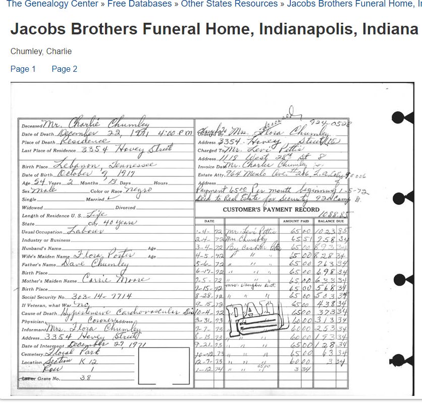 Funeral Record for Charles Chumley, services held December 27, 1971