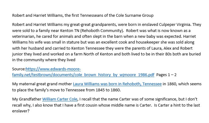 Query of information on Robert and Harriet Williams in Culpepper, Virginia 