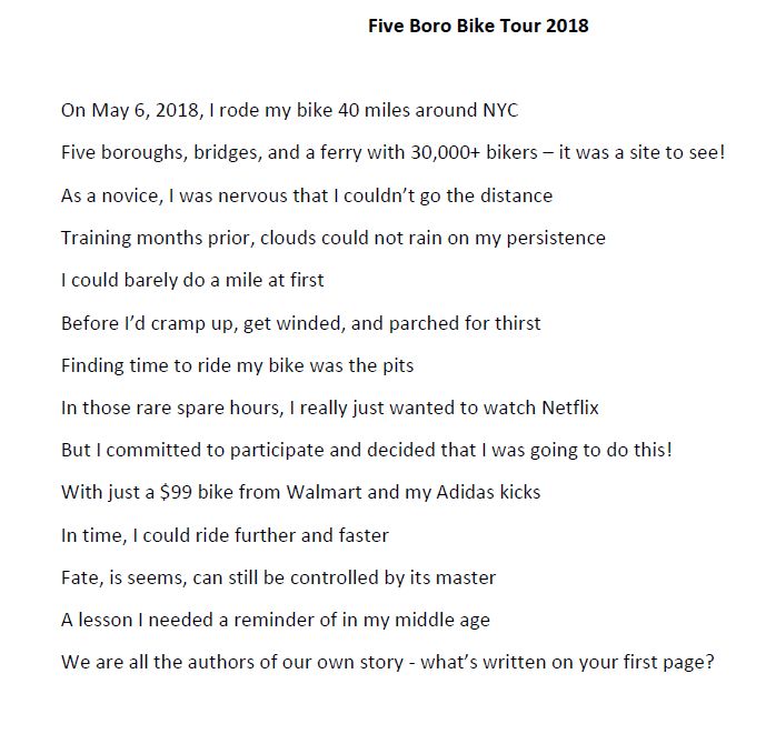 Poem: Five boro bike tour