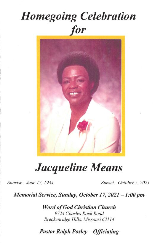 Homegoing Celebration for Jacqueline Means
June 17, 1934   October 5, 2021