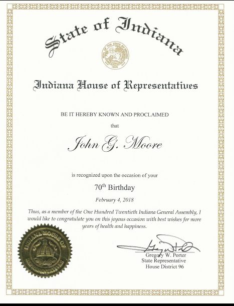 Proclamation for John G. Moore's 70th Birthday from his State Representative