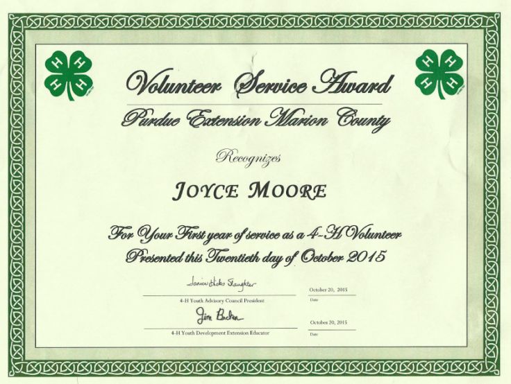Volunteer Service Award from the Marion County 4H