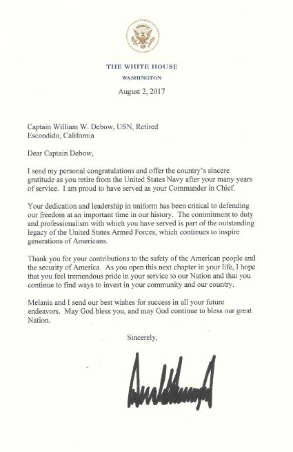 Letter of congratulation from President Trump to William DeBow on his retirement from the US Navy 