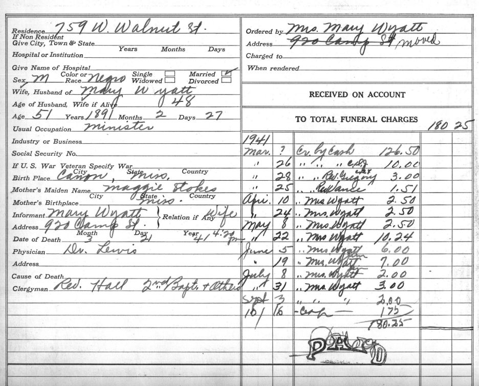 Funeral Record For Rev W. H. Wyatt.  Aunt Mary's husband was W. H. Wyatt whose funeral was on 3/27/1941 at Jacobs Brothers Funeral Home.