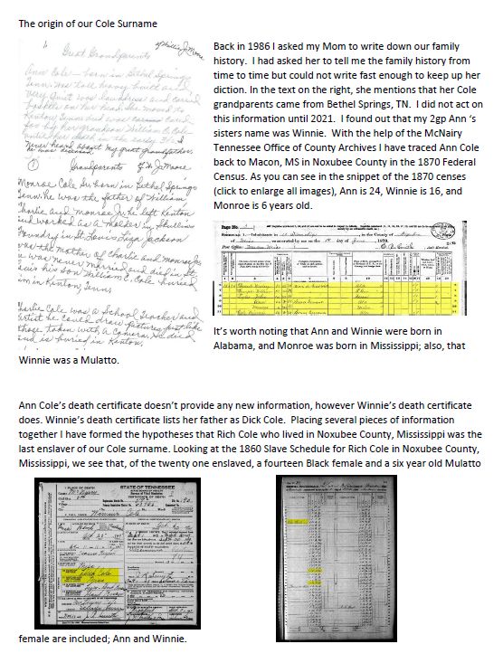 Origin of the Cole surname based on 1860 and 1870 documents and the death certificate of Winnie Cole.