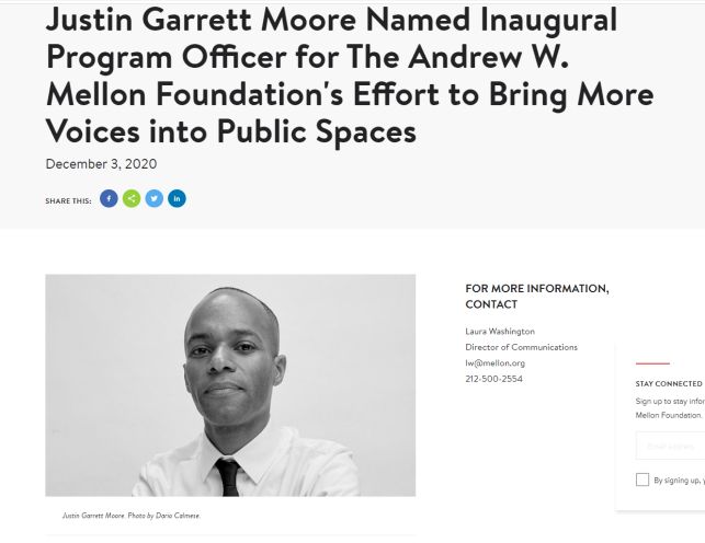 Justin Garrett Moore Named Inaugural Program Officer for The Andrew W. Mellon Foundation's Effort to Bring More Voices into Public Spaces
December 3, 2020
