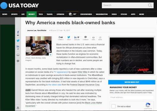 Why America needs black-owned banks:  Justin Garrett Moore was among those who heeded the call after receiving multiple texts from friends about #BankBlack in July.
