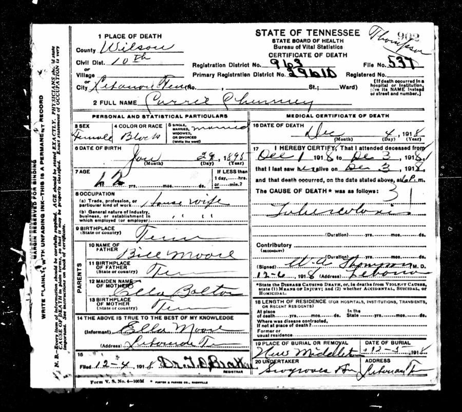Death Certificate - Carrie Chinnie, December 4, 1918, Wilson County, TN