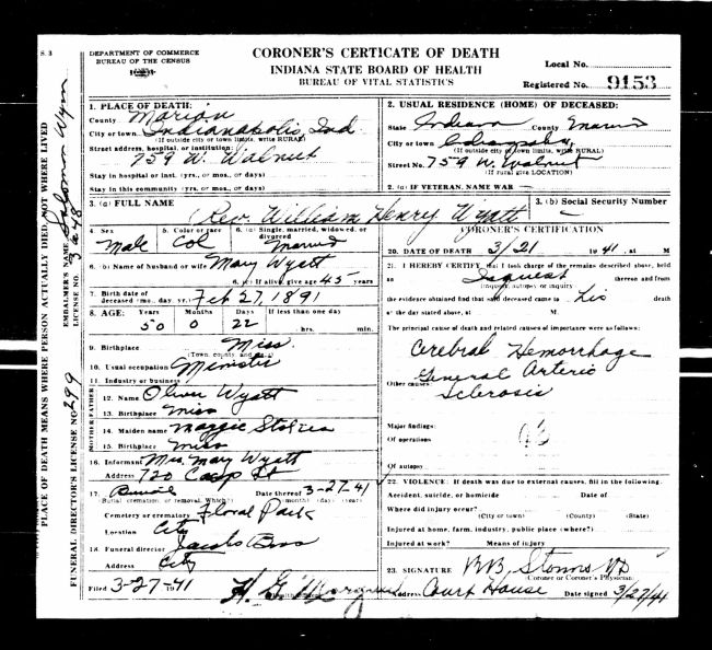 Death Certificate Rev. Wm H. Wyatt