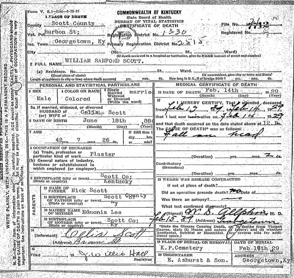 William A. Scott Death Certificate 1929