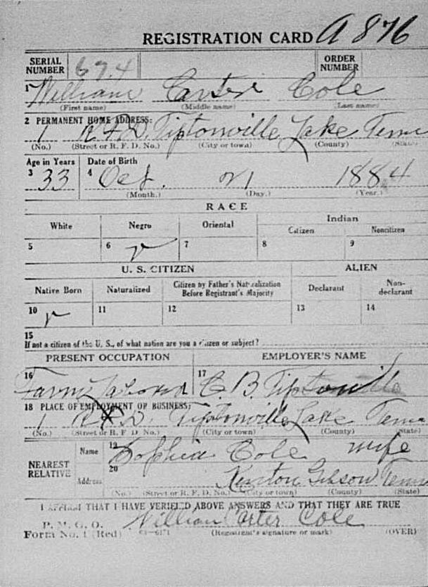 WWI Draft card for William Carter Cole