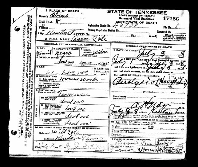 Ann Cole death certificate