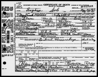Death Certificate Sophia Cole d May 26, 1965 Kenton, TN