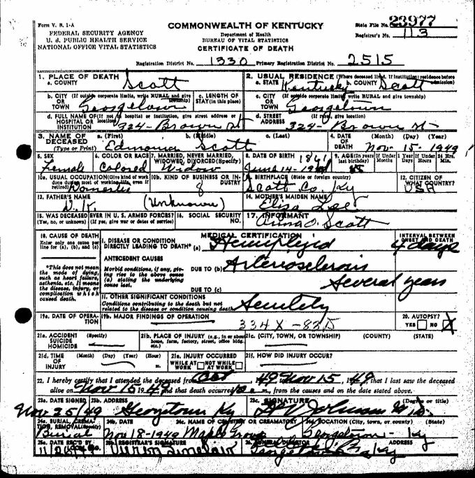Edmonia Scott Death Certificate