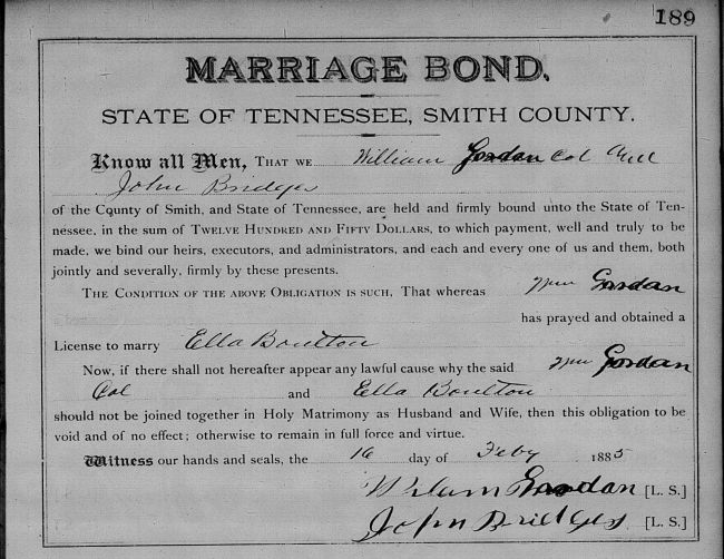 Marriage Bond, William Gordan and Ella Boulton, 16 Feb 1885