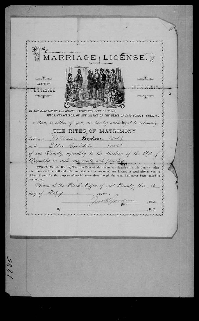 Ella Boulton and William Gordon Marriage License 16feb1885 