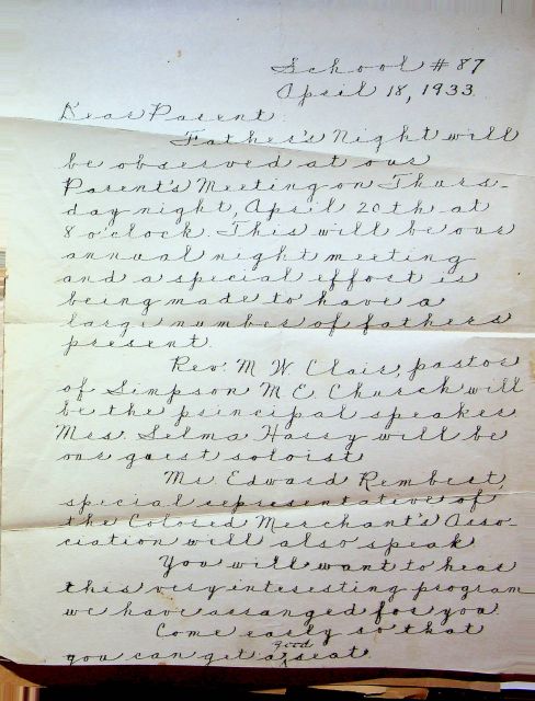 1933 School #87 Parent's letter