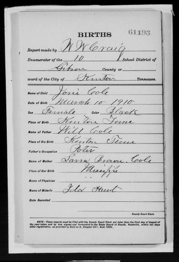 Birth Certificate: Josie Lee Cole