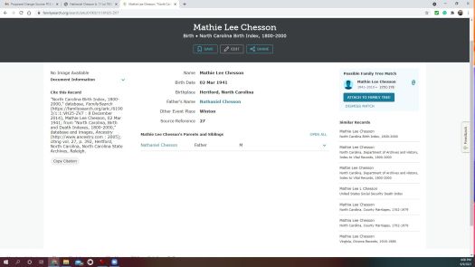 Mathie Lee Chesson birth index