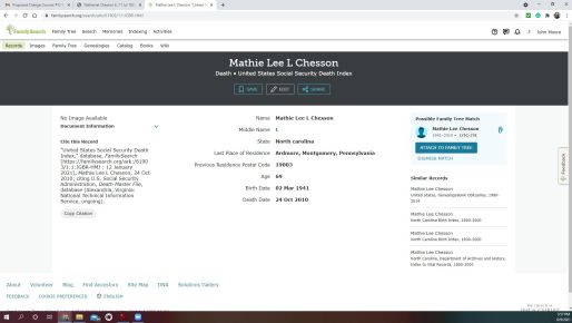 Mathie Lee Chesson death index