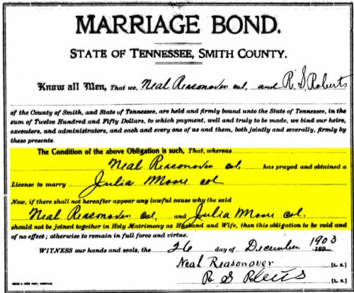 Marriage certificate Neal Resenover and Julia Moore