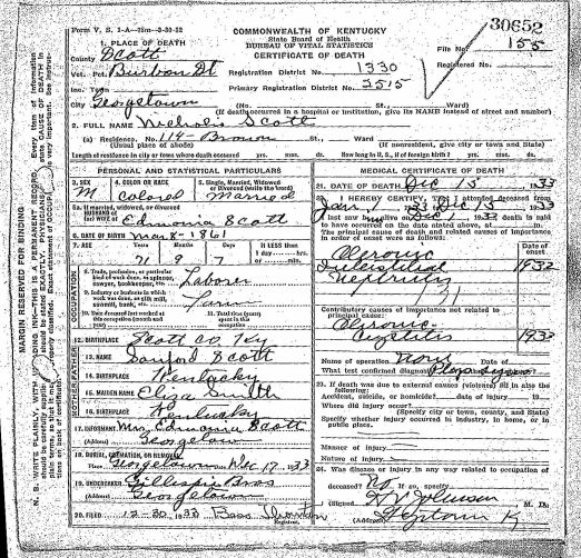 Nicholas Scott Death Certificate 1933