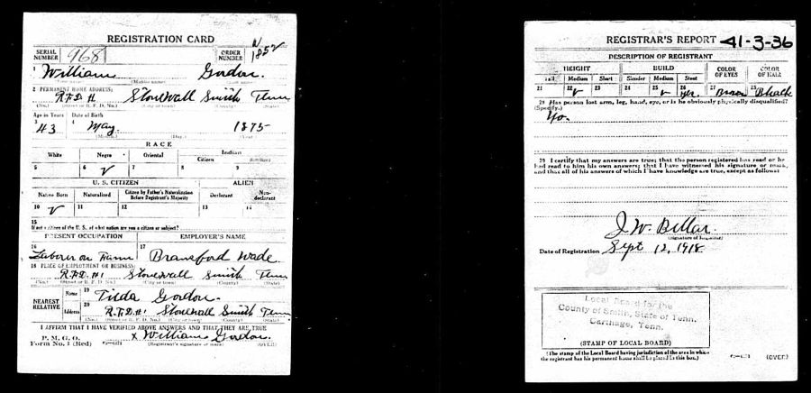 September 12, 1918 Military registration for William Gordon