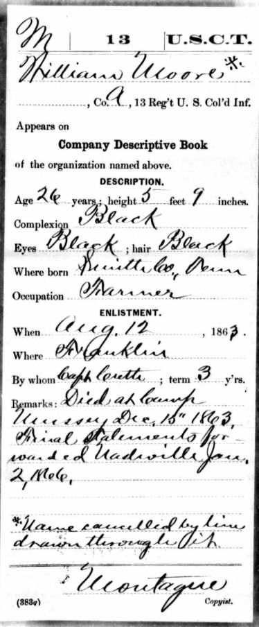 A William Moore from Smith County Tennessee was in the USCT 13,  Is this an ancestor?