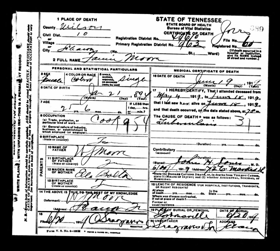 Death Certificate - Fannie Moore June 19, 1919, Wilson, Tennessee