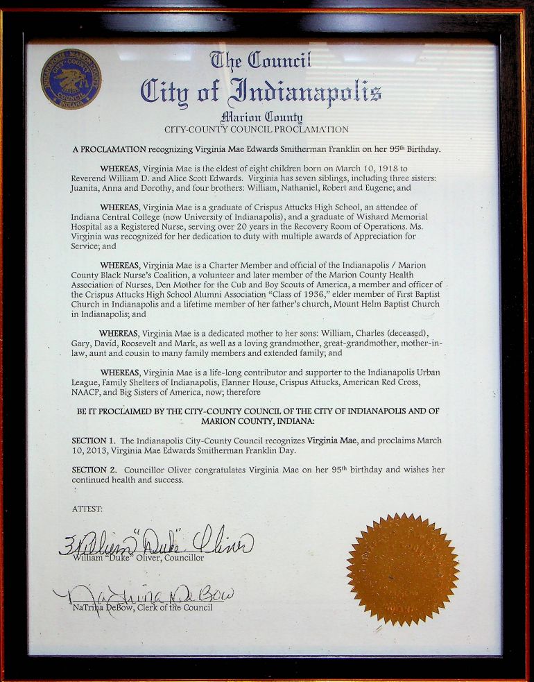 City of Indianapolis Proclamation recognizing Virginia Mae Edwards Smitherman Franklin on her 95th Birthday