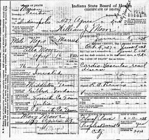 Death Certificate for William Johnson Moore, birth name was Gordon