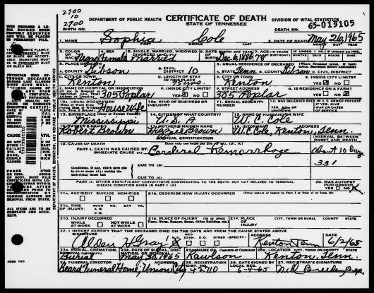 Sophia Brown Death Certificate  May 26, 1965