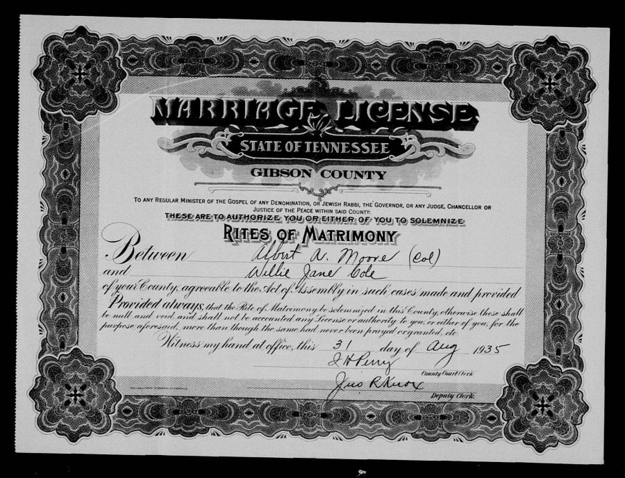 Albert Allen Moore and Willie Jane Cole Marriage Certificate