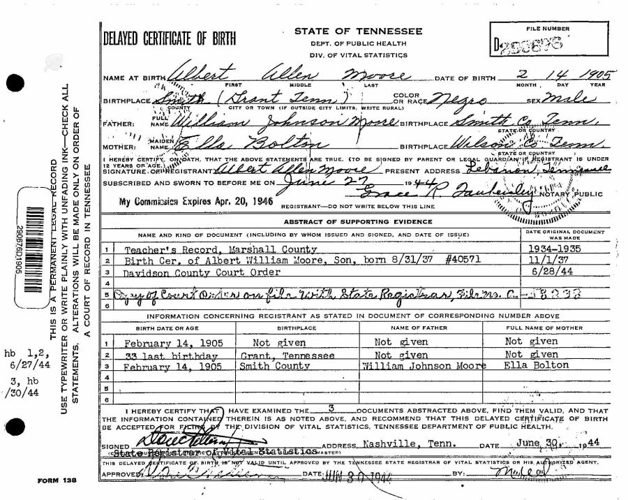 Albert Allen Moore Delayed Birth Certificate